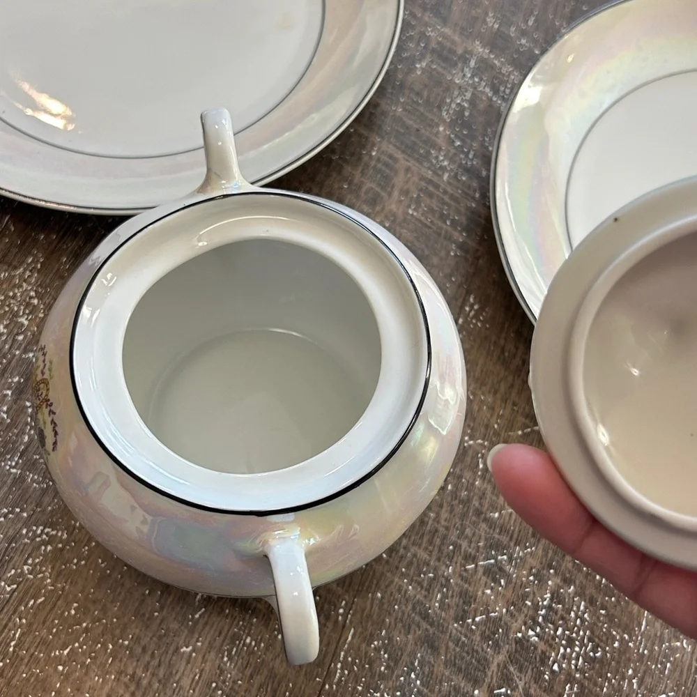 Z.S.C. Bavaria Iridescent Floral Porcelain Lunch Plates Tea Cups Saucers Sugar‎